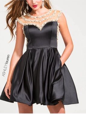 Ashley Lauren Black Embellished Illusion Neck Party Dress ( No pocket!)